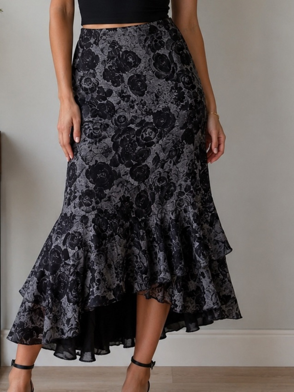 Black & Gray Floral High-Low Ruffle Hem Skirt | Asymmetrical Midi | XS